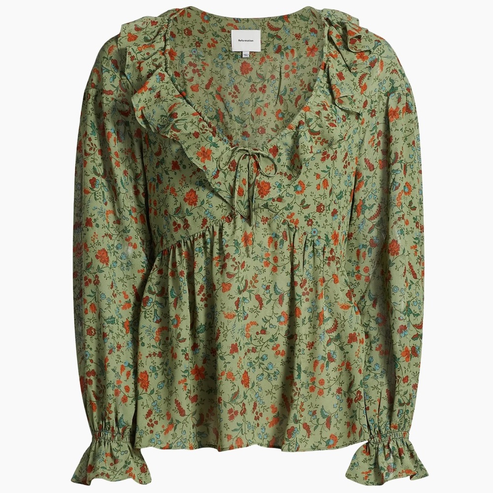 Reformation Wyn Top Floral Green Blouse with Ruffle Details‎